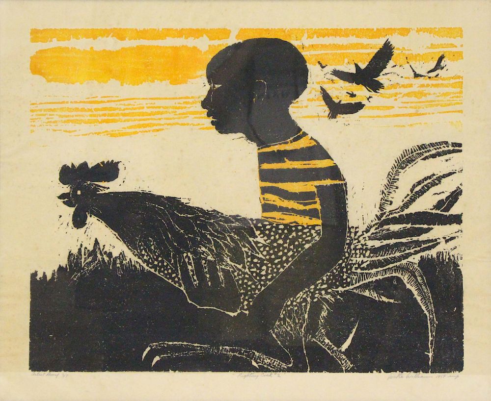 Appraisal: WALTER WILLIAMS AFRICAN-AMERICAN - Woodcut Fighting Cock Artist's Proof No