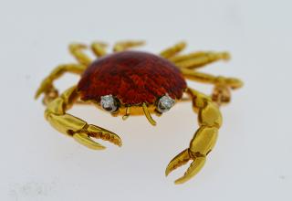 Appraisal: French k yellow gold enamel and diamond entremblant crab pin