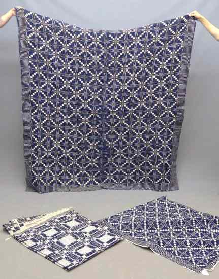 Appraisal: Lot including three early blue and white coverlets and star