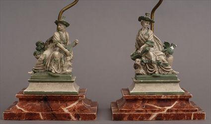 Appraisal: PAIR OF CHINOISERIE POTTERY SEATED FIGURES MOUNTED ON LAMP STANDS