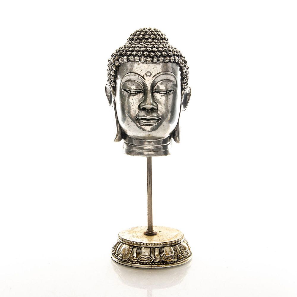 Appraisal: BUDDHA HEAD SCULPTURE Resin with silver tone finish Wear to