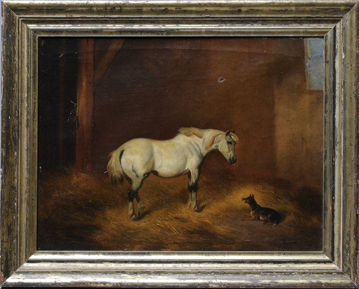 Appraisal: ENGLISH SCHOOL HORSE AND DOG IN A BARN Oil on