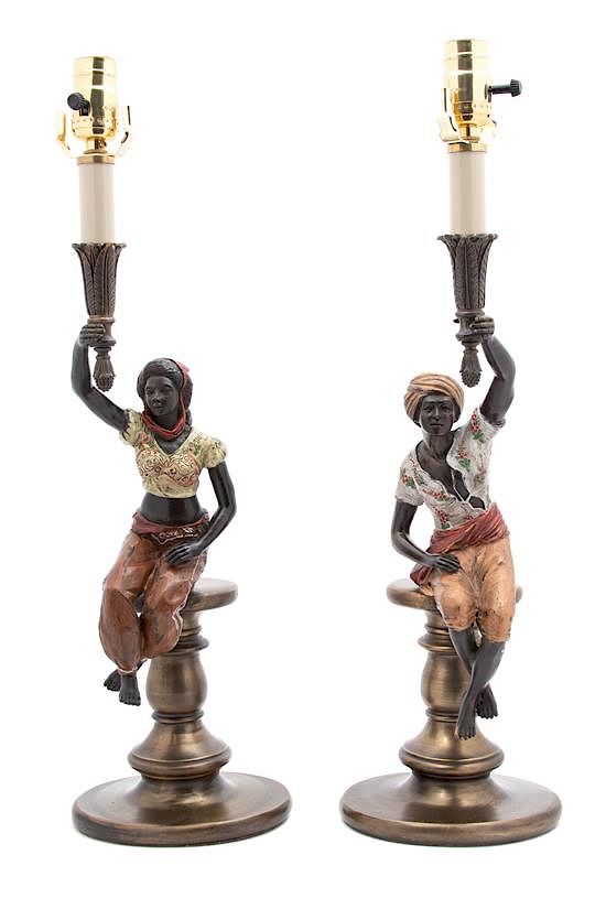 Appraisal: A Pair of Cold Painted Blackamoor Figural Lamps Height overall