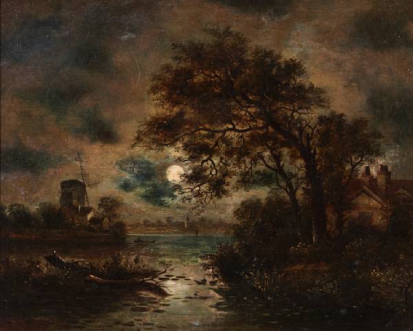 Appraisal: Dutch School th Century A moonlit river scene oil on