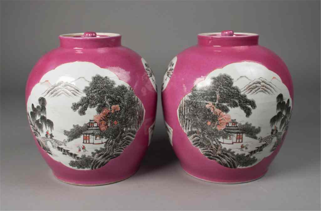 Appraisal: Pr Of Chinese Qing Porcelain Covered JarsIn a pink ground