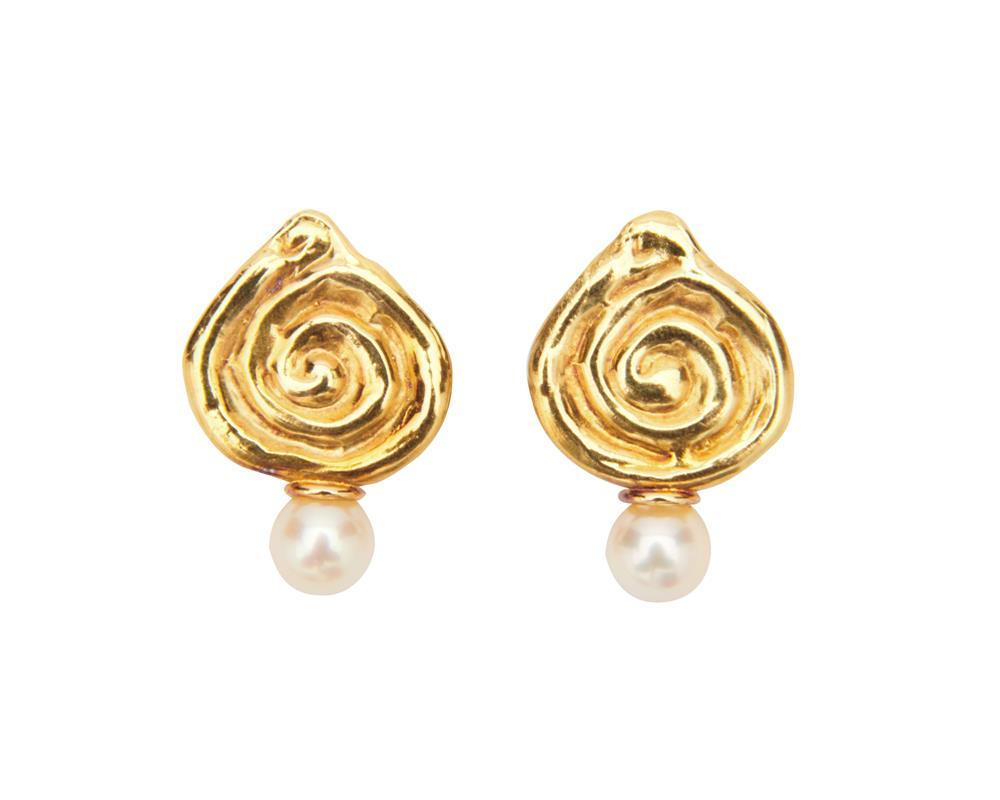 Appraisal: ELIZABETH GAGE K Gold and Pearl Earclips of a tear-drop