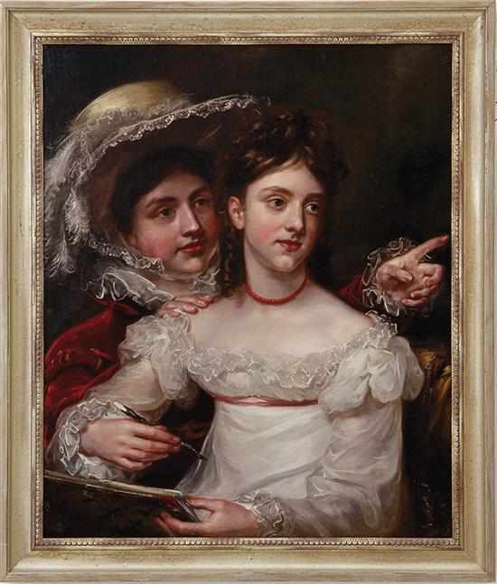 Appraisal: American school th century PORTRAIT OF TWO WOMEN oil on