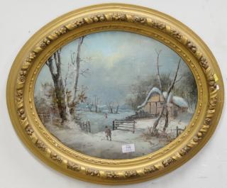 Appraisal: Pair of unsigned oval mixed media on canvas snowscape in