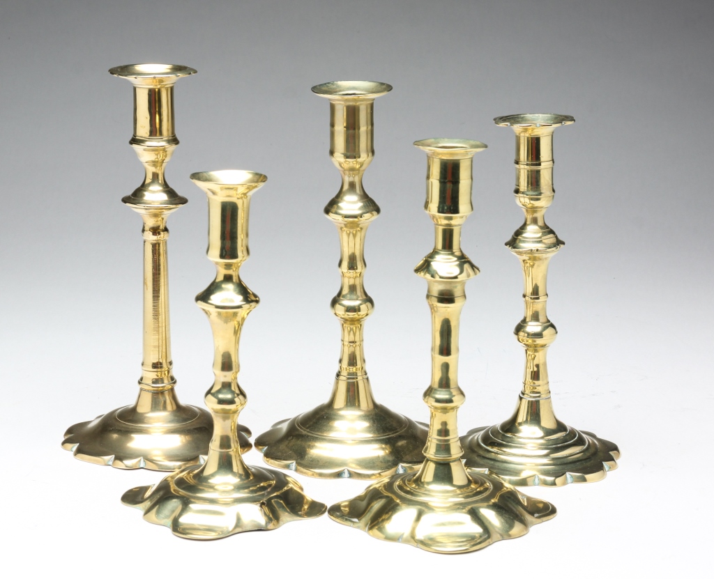 Appraisal: FIVE ENGLISH QUEEN ANNE BRASS CANDLESTICKS Mid th century Varying