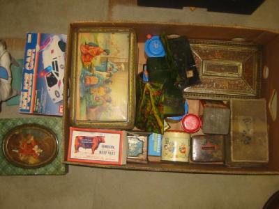 Appraisal: Various tinplate money boxes biscuit tins and other toys F-G