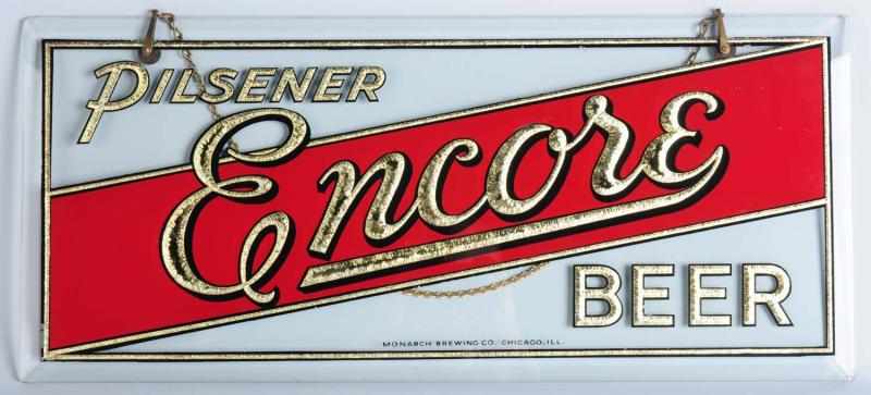 Appraisal: Encore Beer Reverse Glass Hanging Sign Overall clean example with