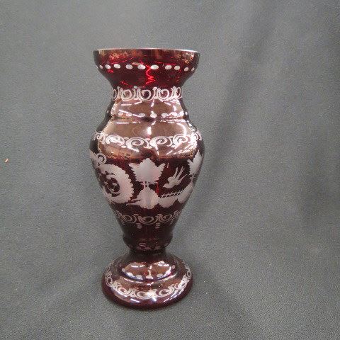 Appraisal: Ruby Cut-to-Clear Vase castle and bird decor