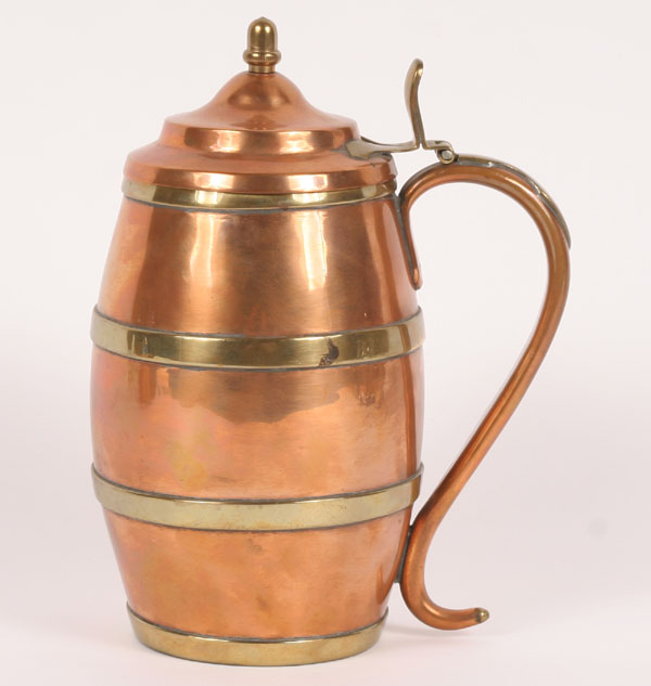 Appraisal: Copper liter tankard with brass bands and acorn finial H