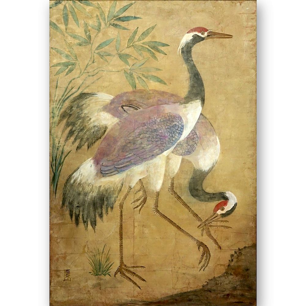 Appraisal: Large Oriental Watercolor Two Cranes Signed Large Oriental Watercolor Two