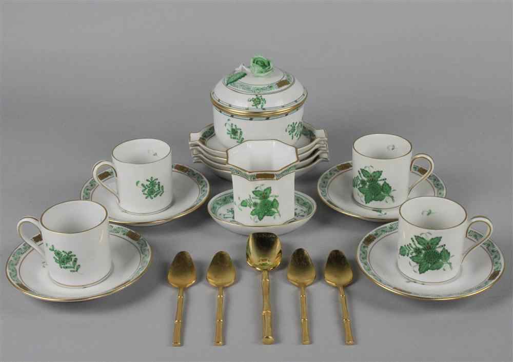 Appraisal: HEREND GREEN CHINESE BOUQUET AOG GROUP WITH FOUR GOLD SPOONS