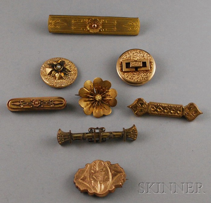 Appraisal: Eight Victorian Gold and Gold-filled Brooches