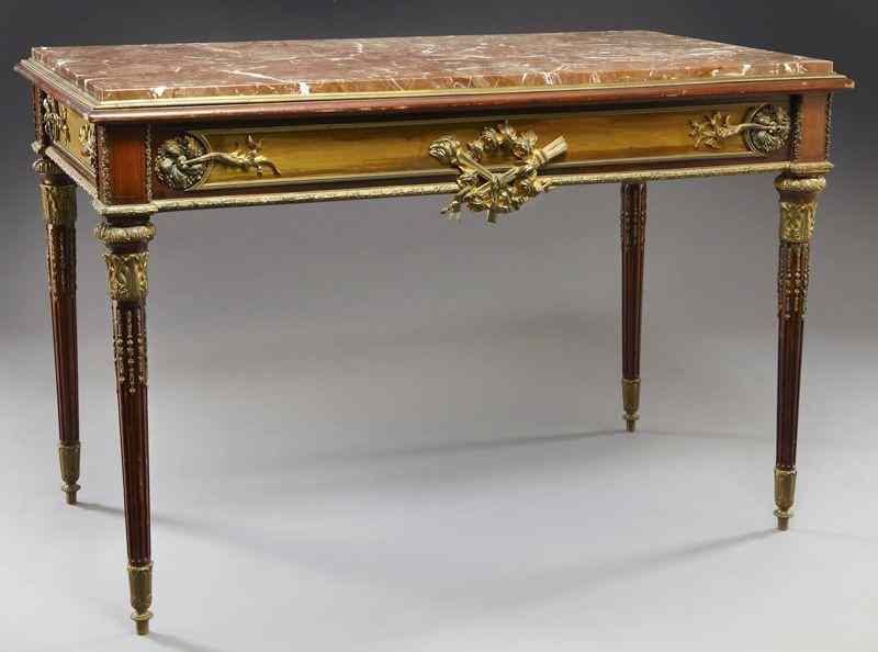 Appraisal: Louis XVI style writing tablewith inset rouge marble top the