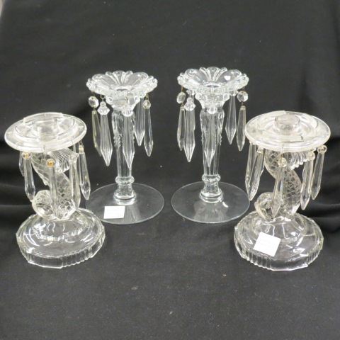 Appraisal: Pair of Crystal Candlesticks teardrop prisms one figural dolphin stems