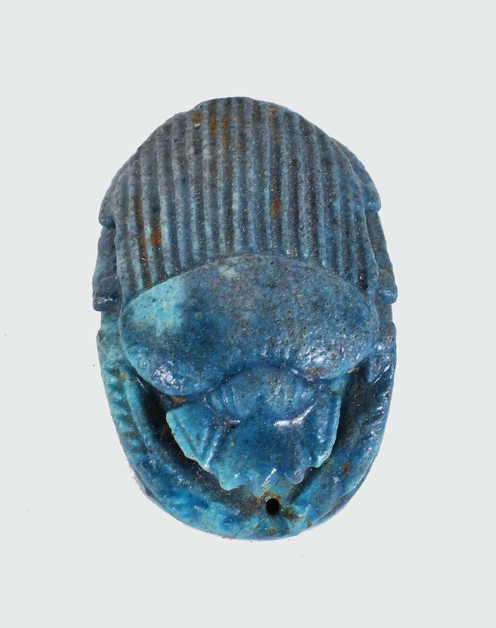 Appraisal: FINE EGYPTIAN FAIENCE FUNERARY PECTORAL SCARAB th th Century B