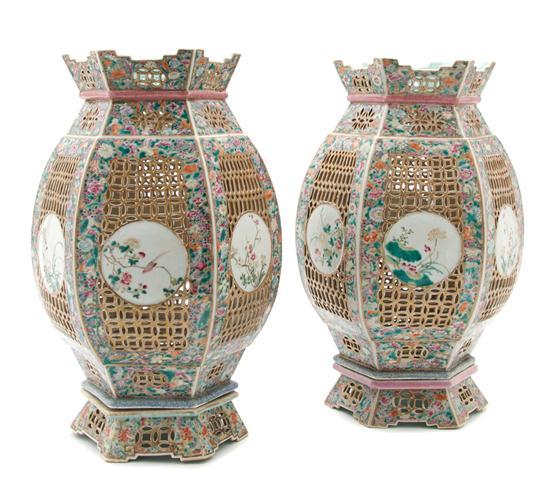 Appraisal: Pair of Reticulated Porcelain Wedding Lanterns Qing dynasty having pierced