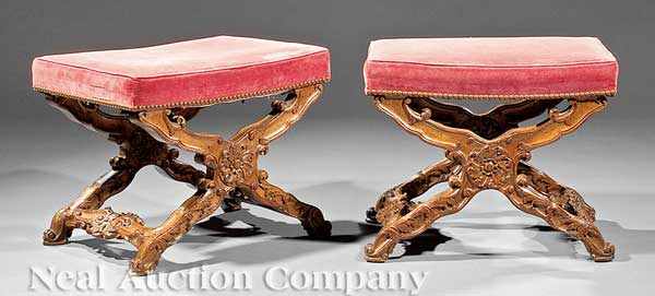 Appraisal: A Good Pair of Antique Continental Renaissance-Style Carved Fruitwood Curule