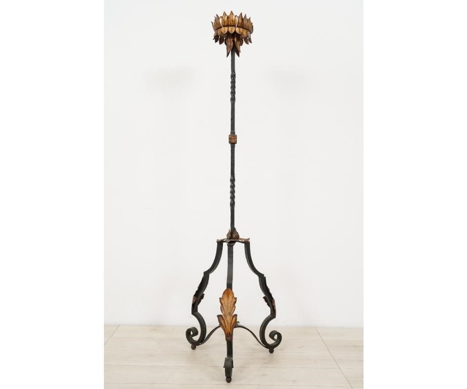 Appraisal: Large wrought iron torchere with leafy gilt decoration circa h