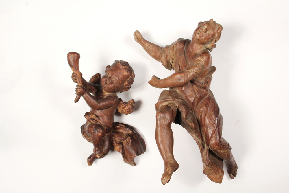 Appraisal: CONTINENTAL CARVED WOOD PUTTI - th c Hardwood Architectural Figures