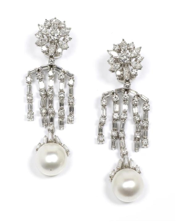 Appraisal: DIAMOND AND PEARL EAR PENDANTS ca White gold Elegant ear