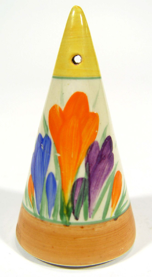 Appraisal: Unmarked Clarice Cliff conical sifter hand painted with Crocus pattern