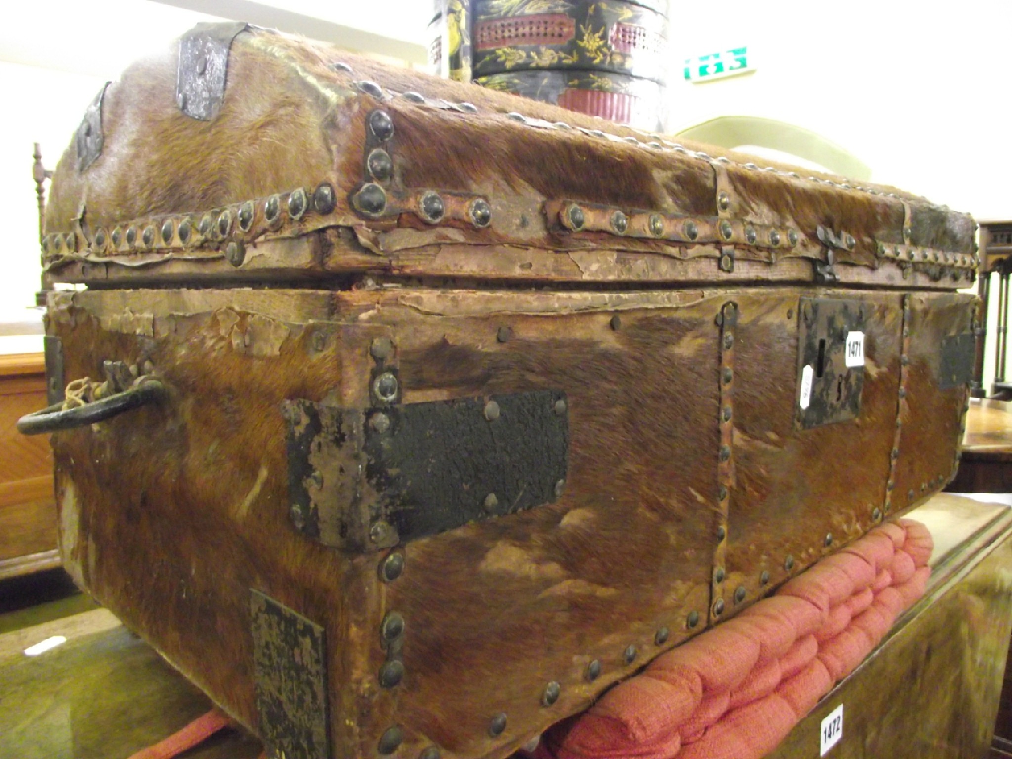 Appraisal: A Georgian pony skin travelling trunk carved by William Jones