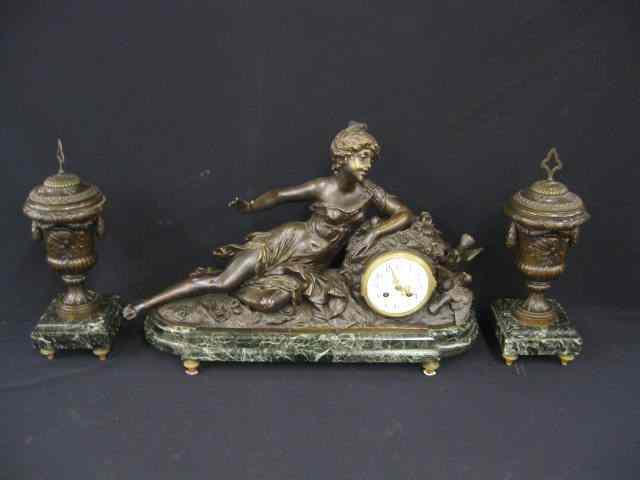 Appraisal: pc Victorian Bronzed Figural Clock Set carved oak case