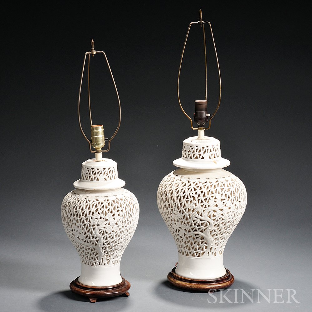 Appraisal: Two White Reticulated Covered Jar Lamps Japan th century for