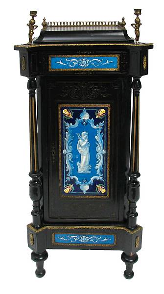 Appraisal: An ebonized and enameled small cabinet th Century height in