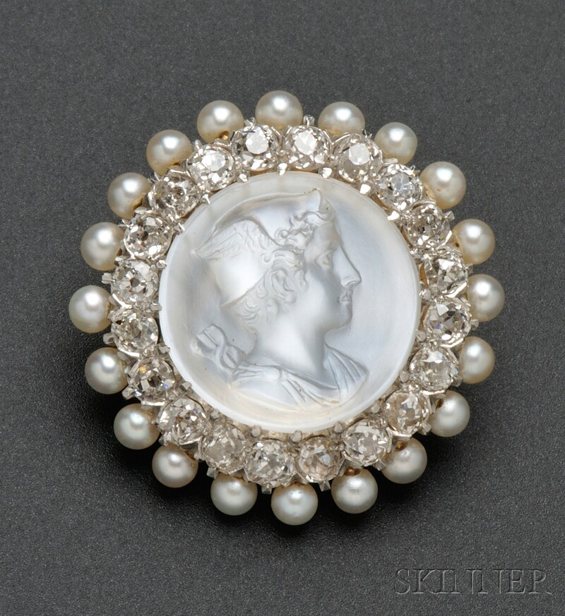 Appraisal: Edwardian Moonstone Cameo Cuvette Diamond and Pearl Pendant Brooch the