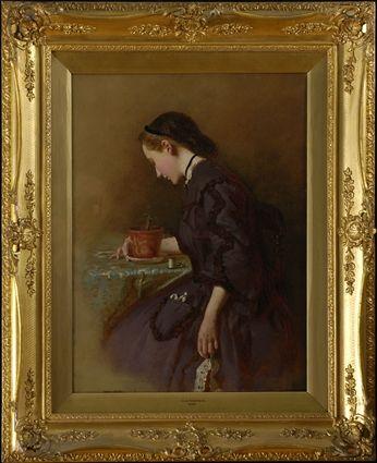 Appraisal: GEORGE ELGAR HICKS - WOMAN WITH POTTED PLANT Oil on