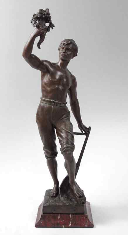 Appraisal: SPELTER SCULPTURE AFTER CHARLES PERRON DEPICTING A MAN HOLDING FRUITS