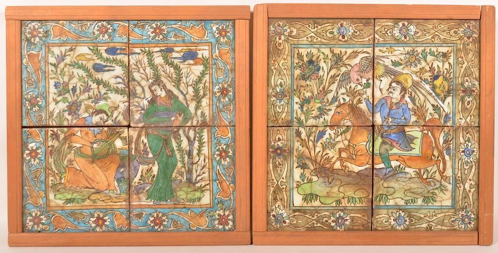 Appraisal: Oriental Framed Tile Scenes Two Antique Oriental Polychrome Glazed Framed