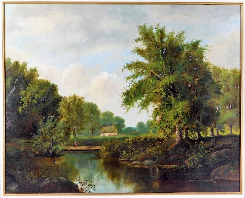 Appraisal: Charlotte Holman Pastoral River Landscape Painting Charlotte Jane Holman United