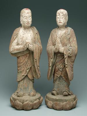 Appraisal: Two carved and painted lohan one youthful figure one older