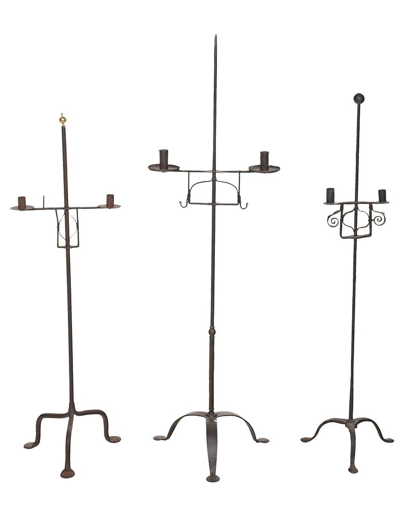 Appraisal: Group Three Wrought Iron Adjustable Candlestands probably th th century