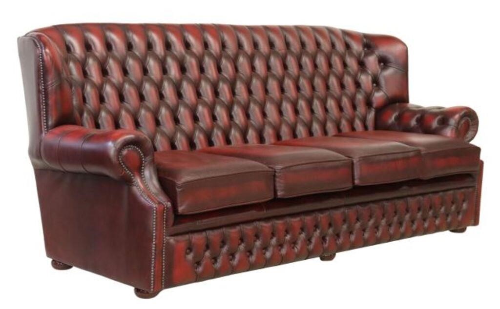 Appraisal: English oxblood leather sofa th c button-tufted upholstery with nailhead