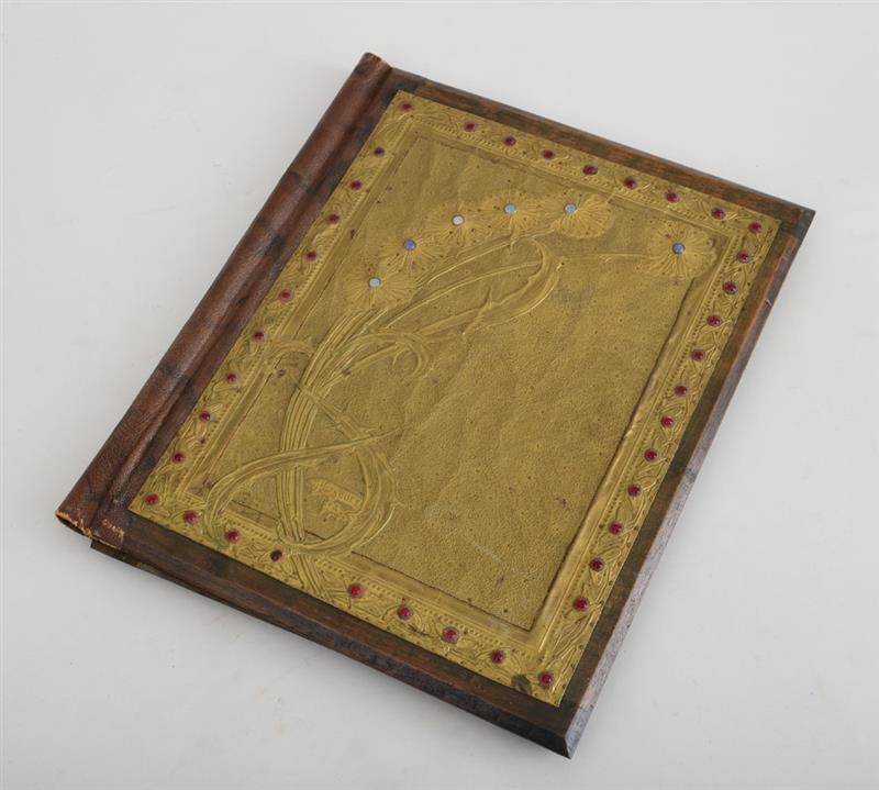 Appraisal: ART NOUVEAU GLASS-MOUNTED REPOUSS BRASS ON OAK STATIONARY COVER ALFRED