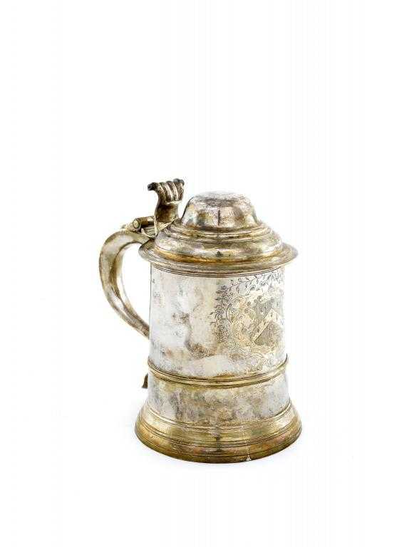 Appraisal: A GEORGE II TANKARD with high domed lid and scroll