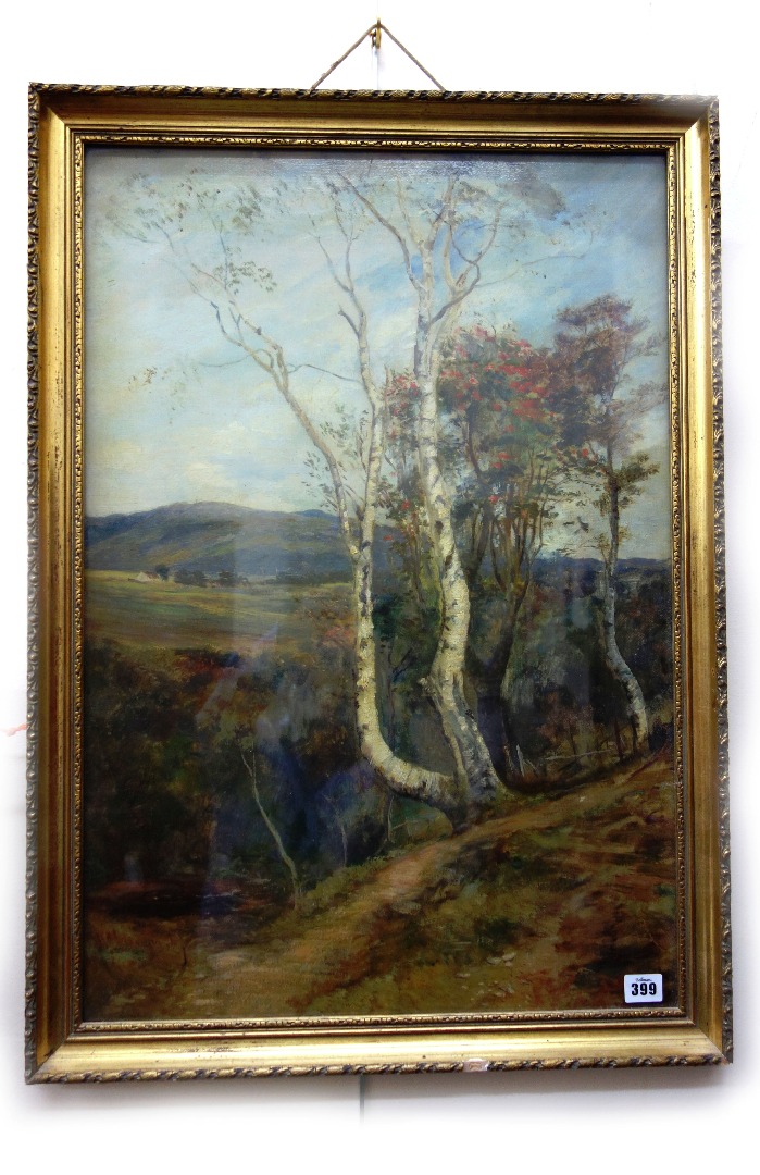 Appraisal: English School th Century Silver birch on a hillside oil