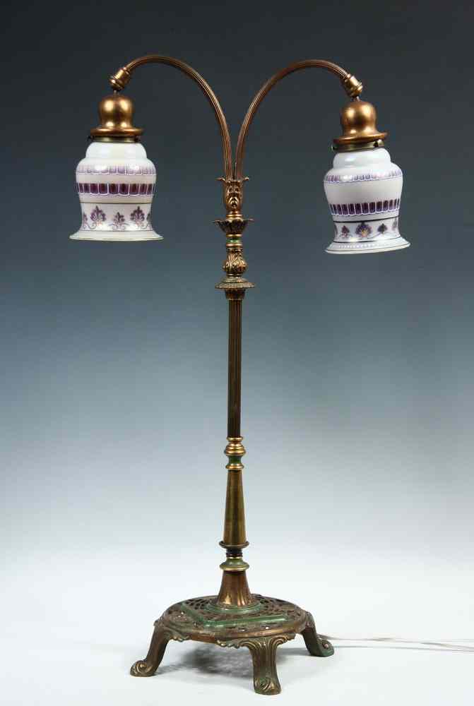 Appraisal: ART GLASS PARTNER'S DESK LAMP - Gilt and Polychrome Bronze