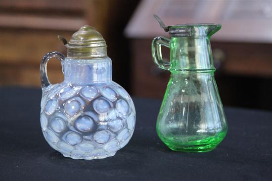 Appraisal: TWO ART GLASS SYRUPS White opalescent Bulbous Coin Spot with