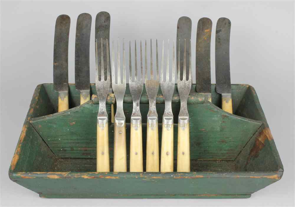 Appraisal: PEWTER MOUNTED BONE CUTLERY SET AND TRAY early th century