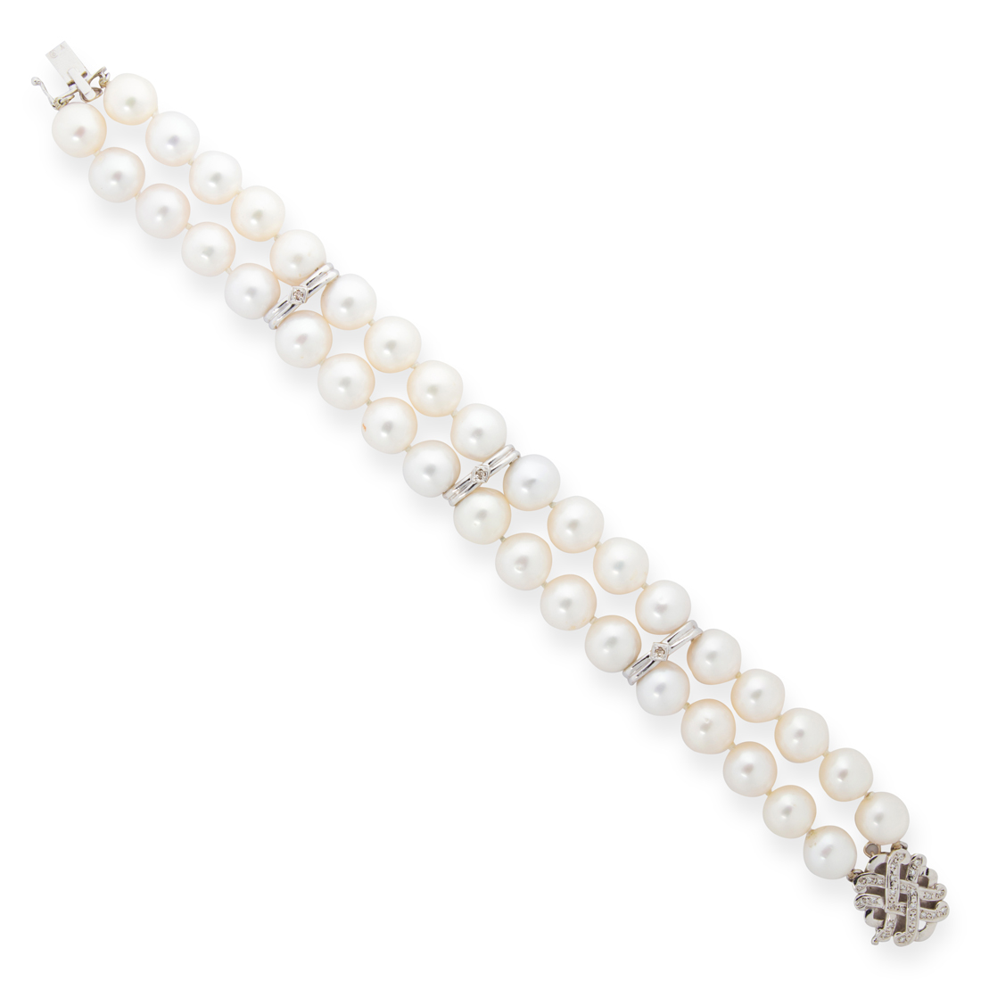 Appraisal: A CULTURED PEARL DIAMOND AND FOURTEEN KARAT WHITE GOLD BRACELET