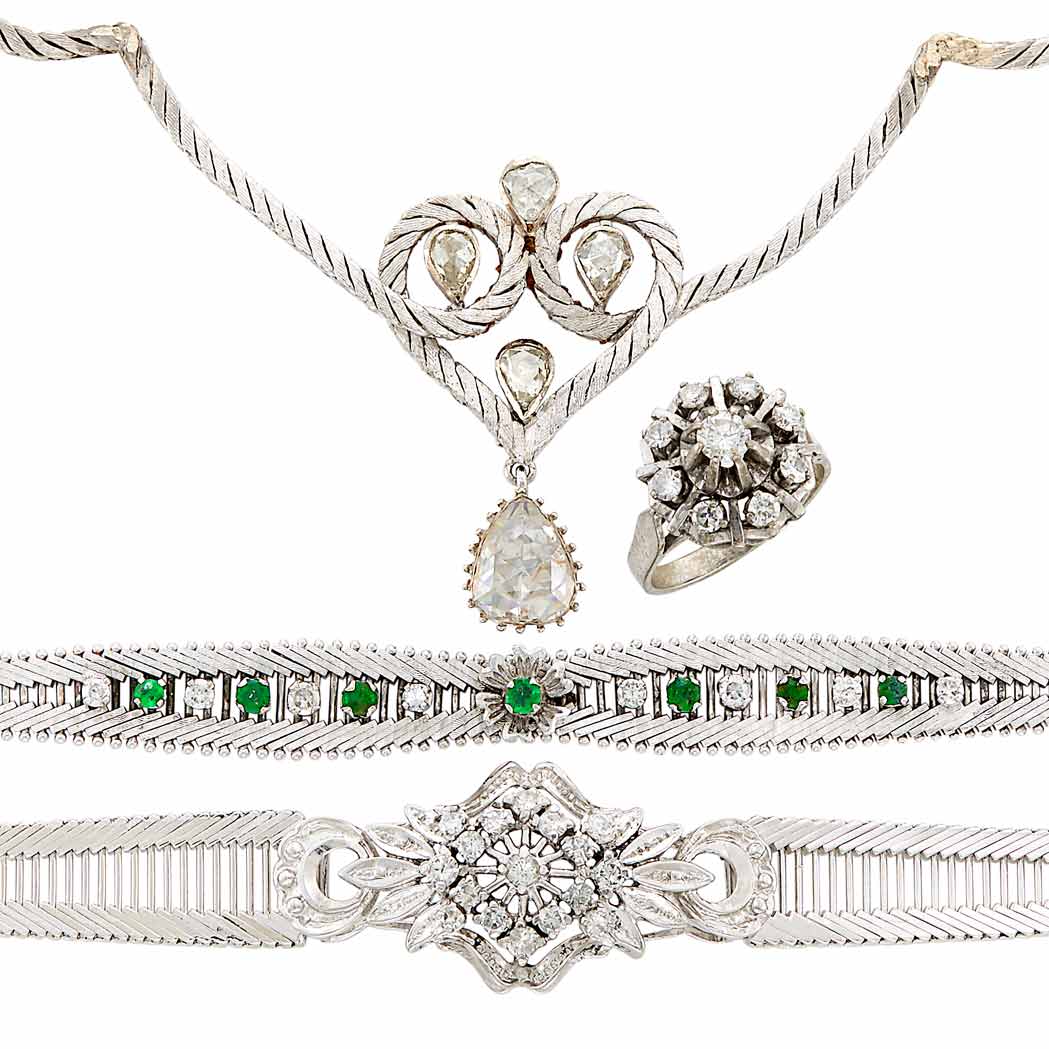 Appraisal: Group of White Gold Diamond and Emerald Jewelry kt one