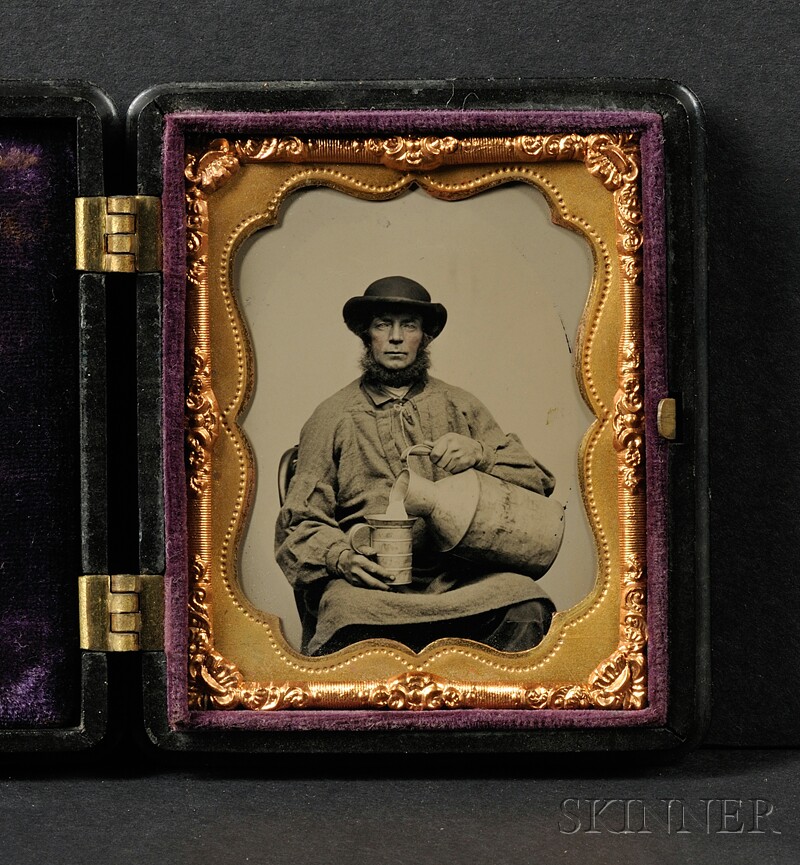 Appraisal: Ninth Plate Ambrotype Portrait of Man Pouring a Milk Can